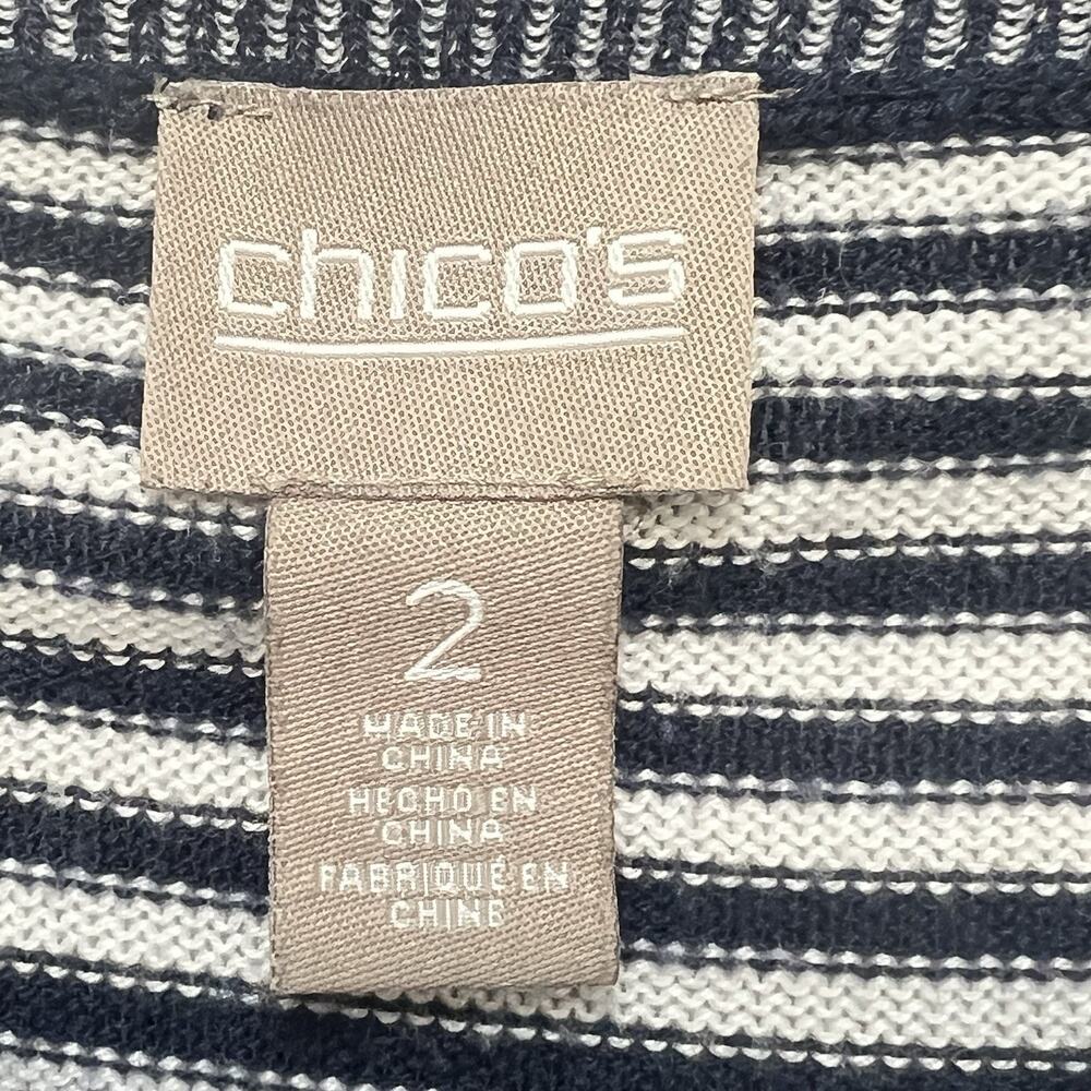 Chico’s Size 2 Women’s Navy White Striped Knit Tunic Sweater 3/4 Sleeve Pockets - Picture 5 of 10